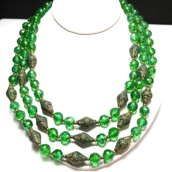 Vintage Green Gold Art Beads Necklace, Three Strands, 19 Inches - Picture 8 of 10